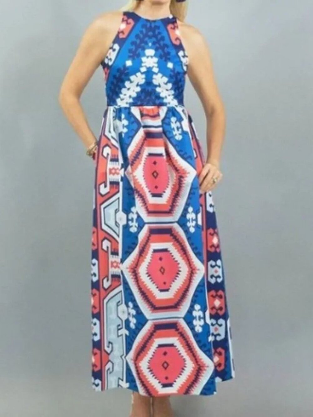 CK Bradley Diddle Halter Maxi Dress M Blue Coral Geometric Kilim Print